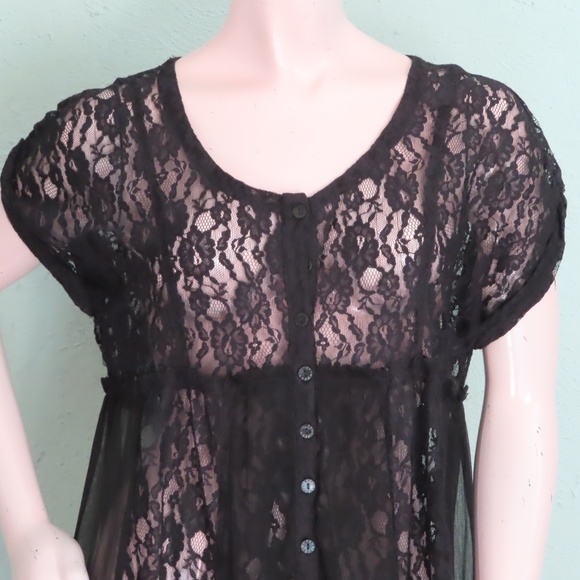 Free People Black Lace Sheer Tunic S Romantic Asymmetric Hem Cap Sleeves - Picture 2 of 7
